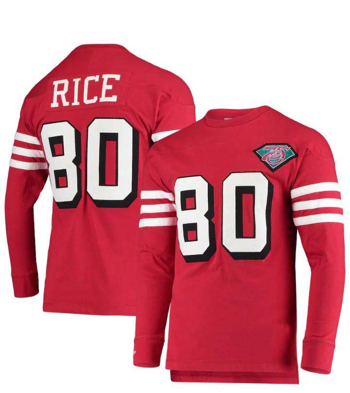 SF.49ers #80 Jerry Rice Mitchell & Ness Throwback Retired Player Name & Number Long Sleeve Top Stitched American Football Jersey