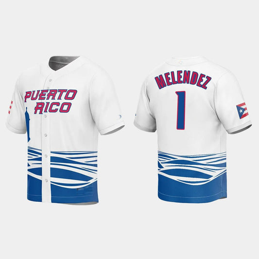 #1 MJ MELENDEZ PUERTO RICO BASEBALL 2023 WORLD BASEBALL CLASSIC JERSEY ¡§C WHITE Stitches Baseball Jerseys