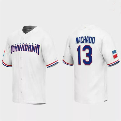 #13 Manny Machado Dominican Republic Baseball 2023 World Baseball Classic Replica Jersey ¡§C White Stitches Baseball Jerseys