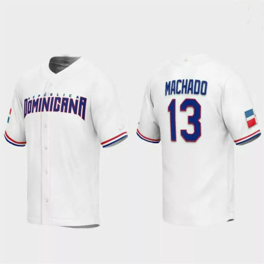 #13 Manny Machado Dominican Republic Baseball 2023 World Baseball Classic Replica Jersey ¡§C White Stitches Baseball Jerseys