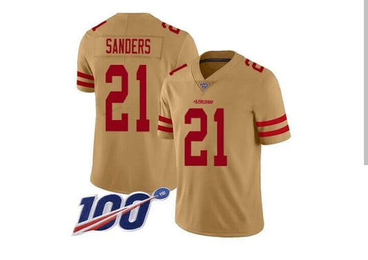 SF.49ers #21 Deion Sanders Gold 100th Inverted Legend Jersey Stitched American Football Jersey