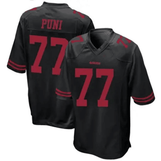 SF.49ers #77 Dominick Puni Black Scarlet Player Game Jersey Stitched American Football Jersey