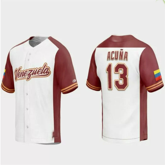 #13 Ronald Acuna Jr. Venezuela Baseball 2023 World Baseball Classic Replica Jersey ¡§C White Burgundy Stitches Baseball Jerseys